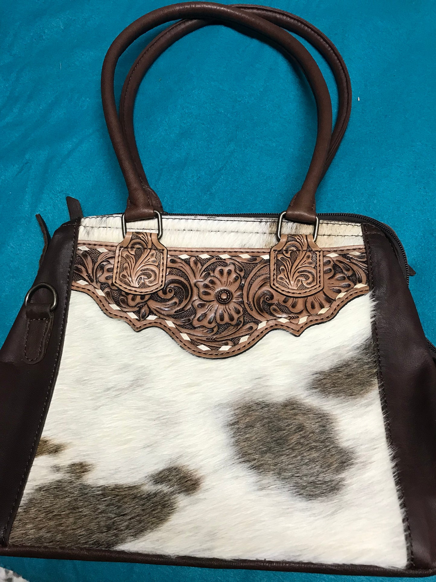Brown Leather purse with brown and white cowhide
