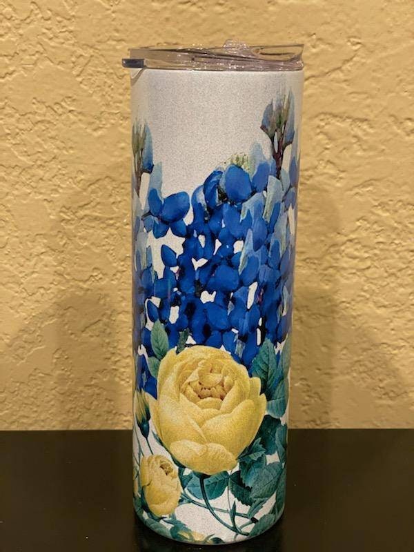 Bluebonnets and Yellow Roses/20oz tumbler/Glitter tumbler/Texas/Texas lovers/custom tumbler/personalized cup/Texas State flower bluebonnets