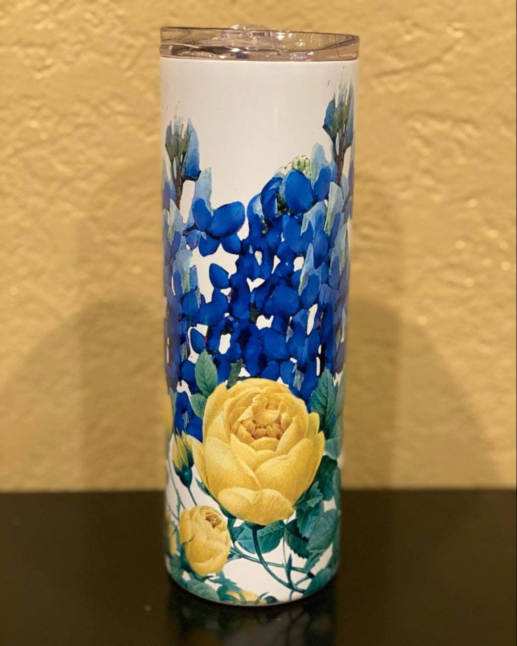 Bluebonnets and Yellow Roses/20oz tumbler/Glitter tumbler/Texas/Texas lovers/custom tumbler/personalized cup/Texas State flower bluebonnets