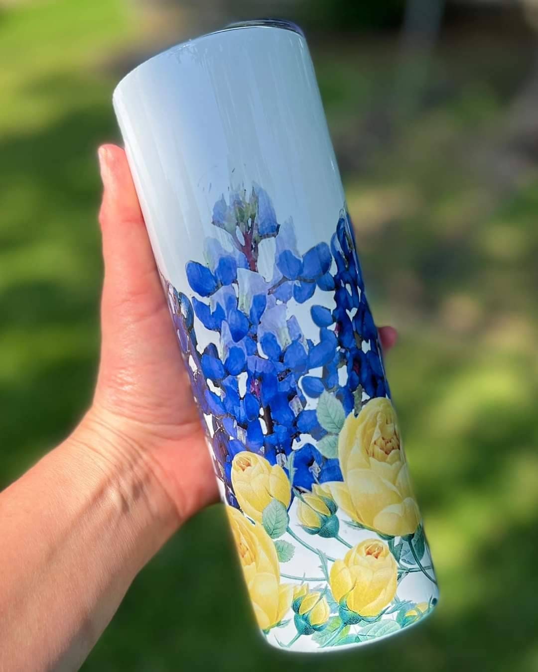 Bluebonnets and Yellow Roses/20oz tumbler/Glitter tumbler/Texas/Texas lovers/custom tumbler/personalized cup/Texas State flower bluebonnets