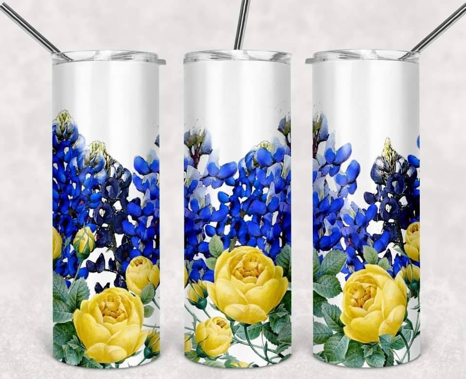 Bluebonnets and Yellow Roses/20oz tumbler/Glitter tumbler/Texas/Texas lovers/custom tumbler/personalized cup/Texas State flower bluebonnets