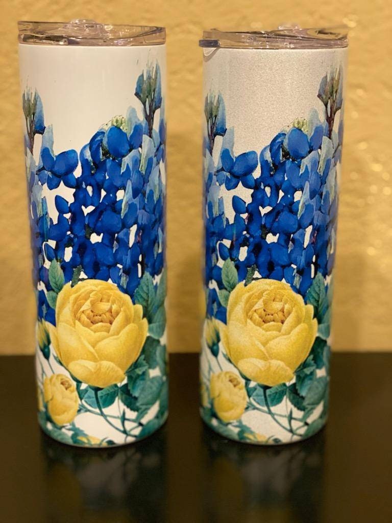 Bluebonnets and Yellow Roses/20oz tumbler/Glitter tumbler/Texas/Texas lovers/custom tumbler/personalized cup/Texas State flower bluebonnets