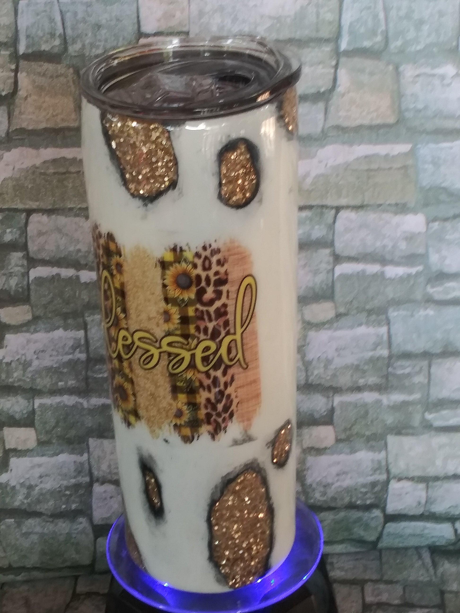 Distressed Geode Glitter Tumbler/Blessed/yellow/sunflowers/20oz straight/Custom Gift/Gift for Christmas/Gift for her/Personalization/Epoxy