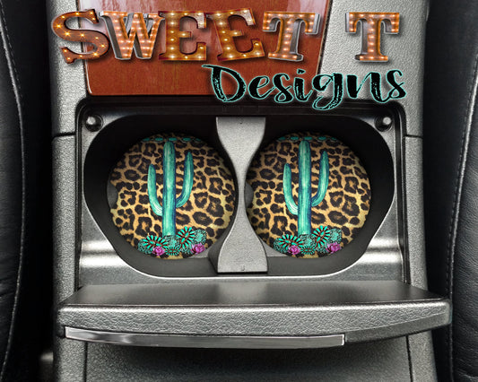 Cactus Turquoise Gem Leopard car coasters/custom car coasters/new car decor/Mom car coasters/Leopard/Turquoise Gems/Cactus/gift for her