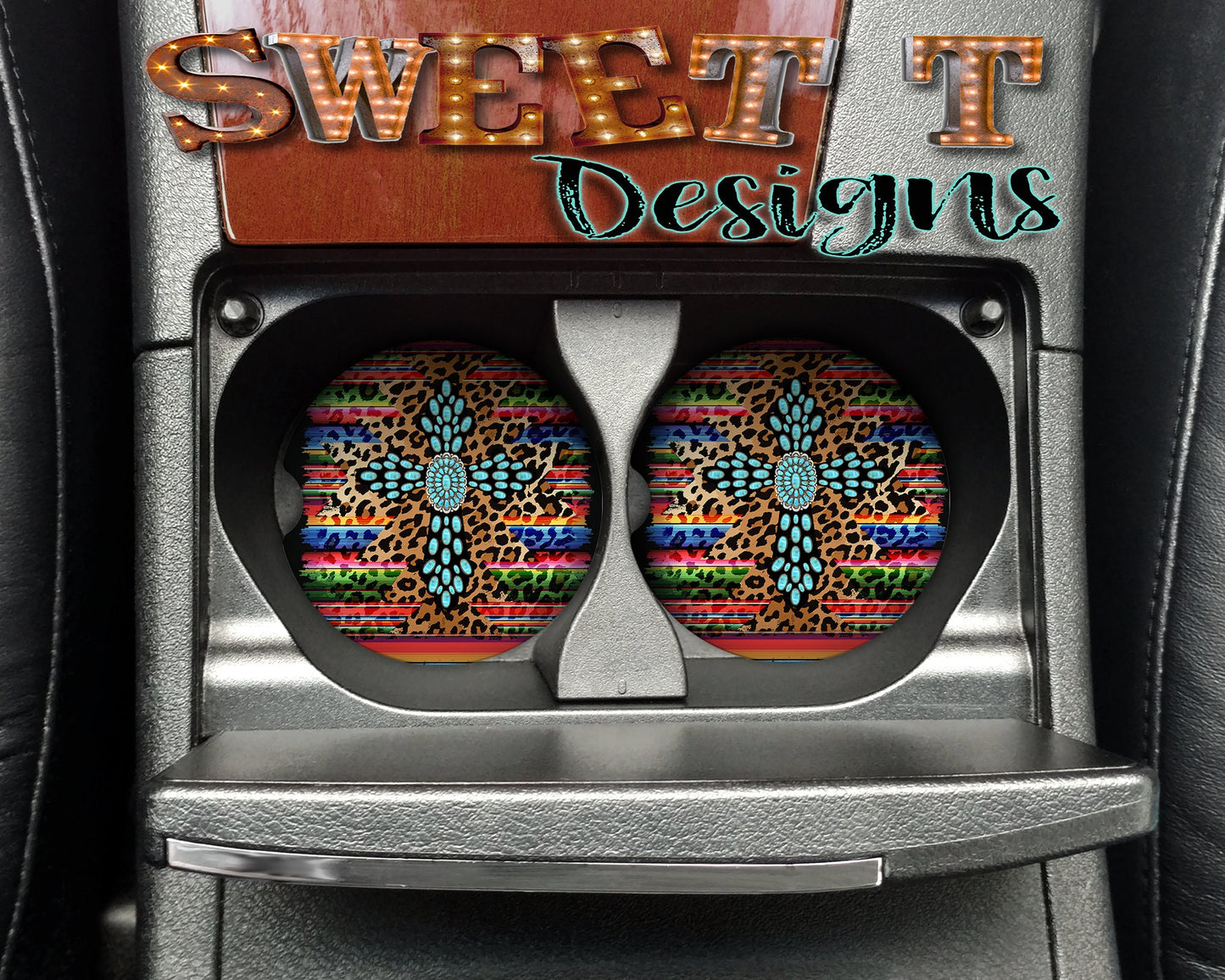 Turquoise Cross Serape Leopard Car coasters/Turquoise/Cross/Serape/Leopard/Mom gift/gift for her/new car decor/car decor/leopard serape