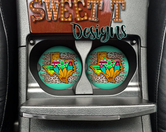 Texas cactus flower car coasters/Texas car coasters/Cactus car coasters/Cactus Texas coasters/Friend gift/Mom gift/Bestie gift/Teal/leopard