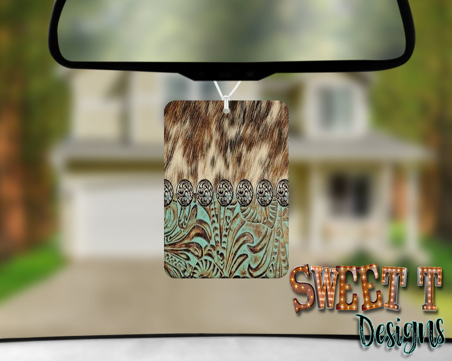 Brown white cow hide w/teal leather air freshener/Western/Cowgirl/Cowlover/Leather lover/Mom gift/Gift for her/best friend gift/personalized