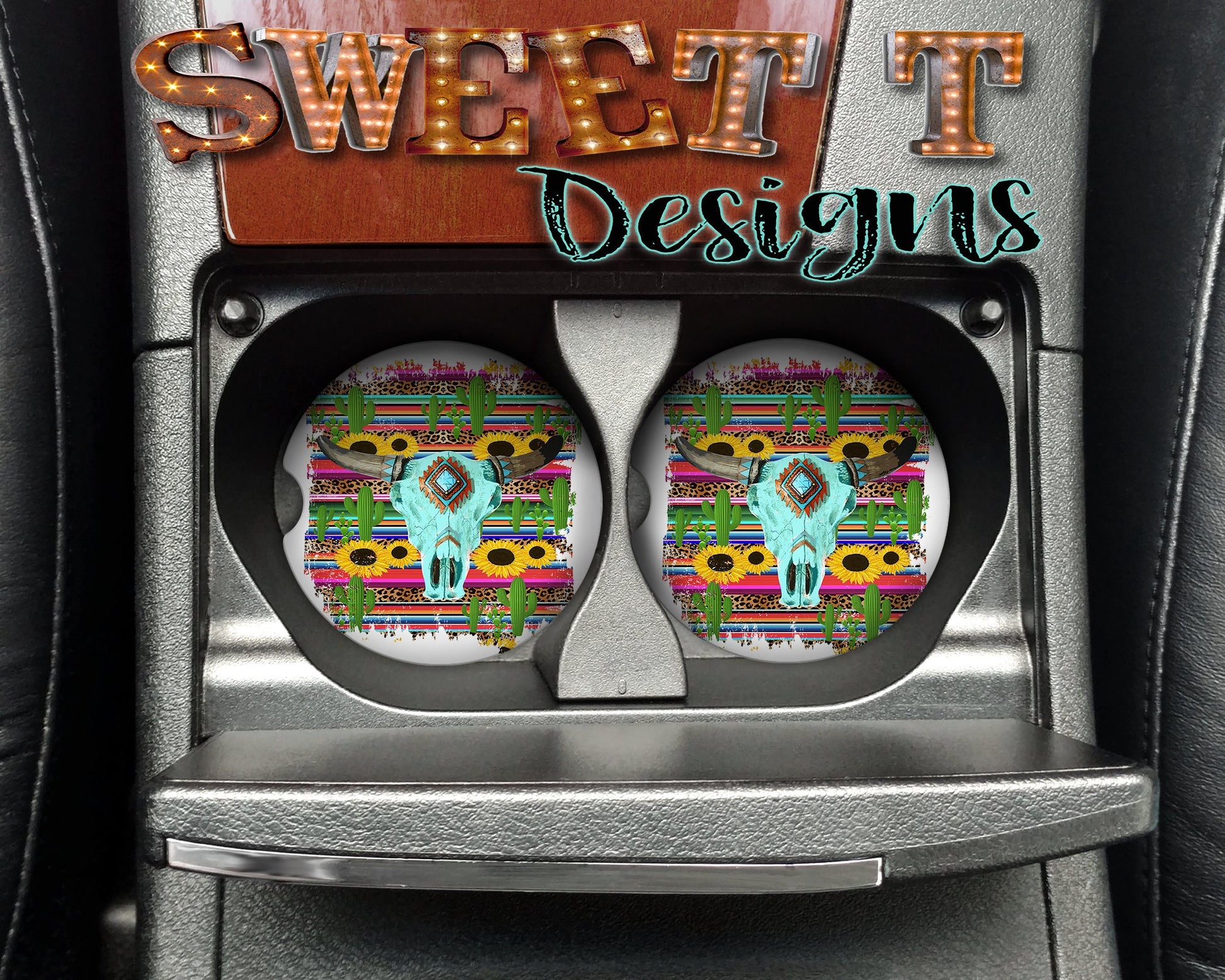 Cow head cactus sunflower serape car coasters/Serape/Sunflower/Cow head/Western/Boho/Cactus Cow head car coasters/car decor/coasters for car