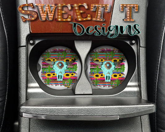 Cow head cactus sunflower serape car coasters/Serape/Sunflower/Cow head/Western/Boho/Cactus Cow head car coasters/car decor/coasters for car