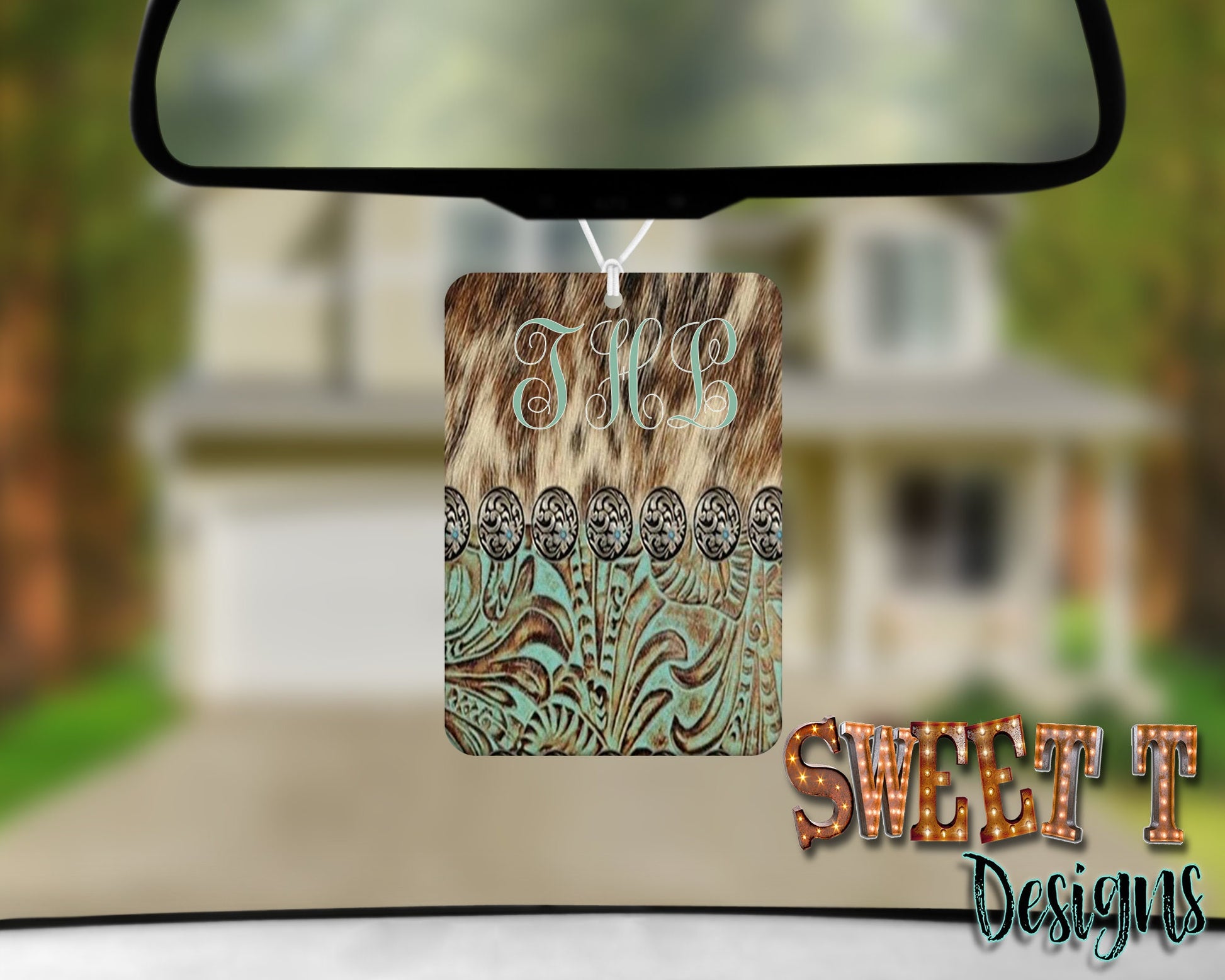 Brown white cow hide w/teal leather air freshener/Western/Cowgirl/Cowlover/Leather lover/Mom gift/Gift for her/best friend gift/personalized