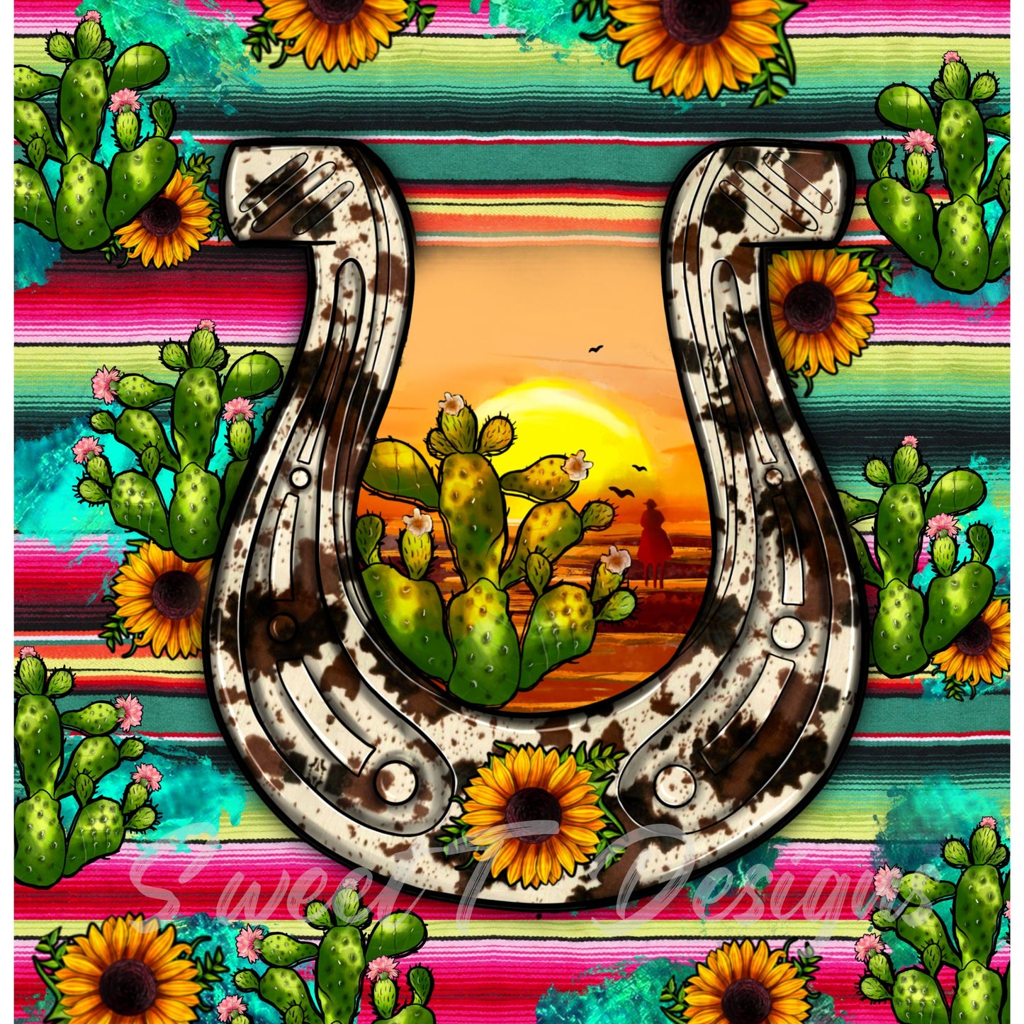 Cowhide horseshoe serape/cactus/cowhide/serape/20 oz travel mug/20 oz cup/gift under 30/secret santa gift/gift for her/best friend gift