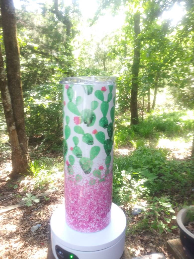 Cactus Pink Glitter 20 oz travel tumbler, hot/cold travel mug, Cactus lover travel tumbler