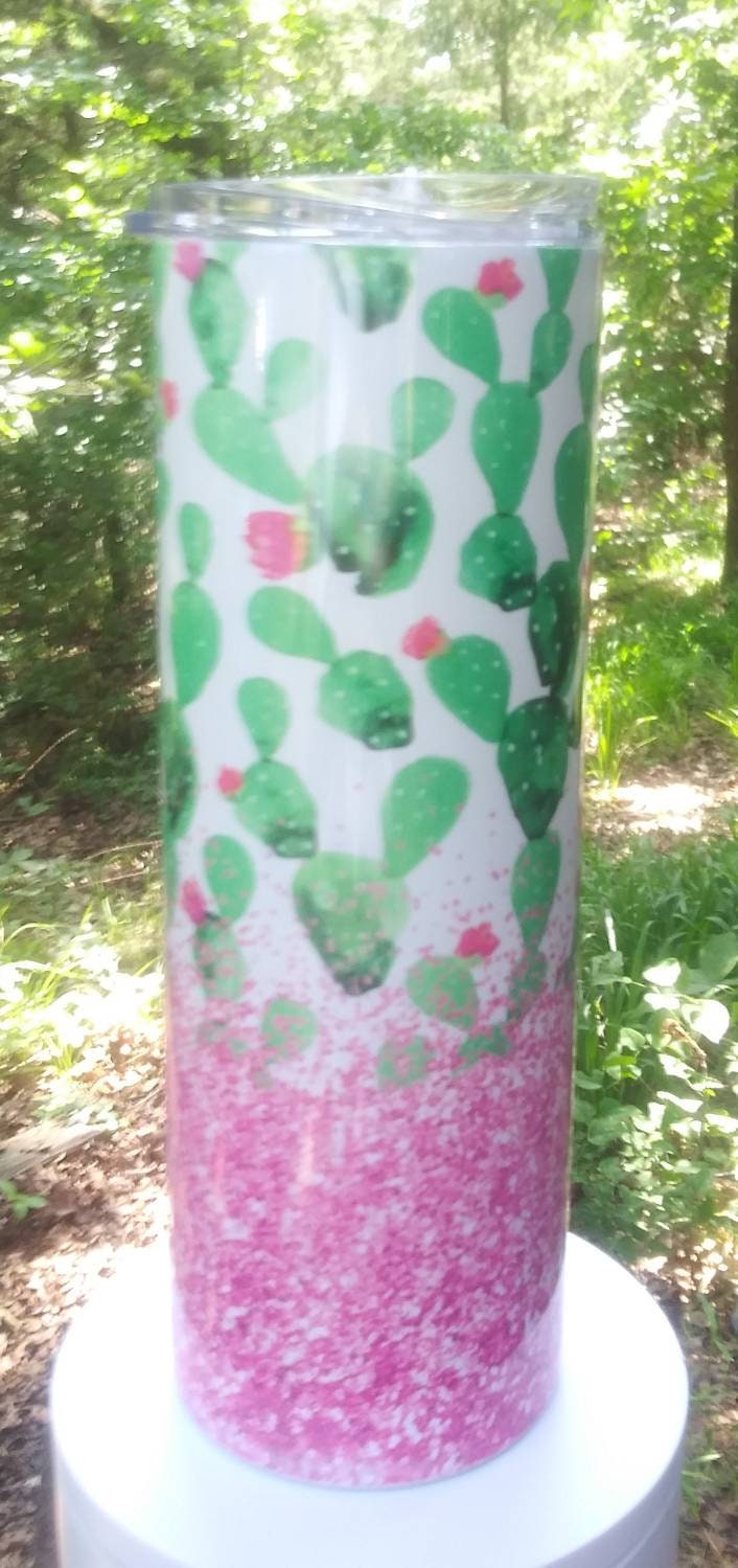 Cactus Pink Glitter 20 oz travel tumbler, hot/cold travel mug, Cactus lover travel tumbler
