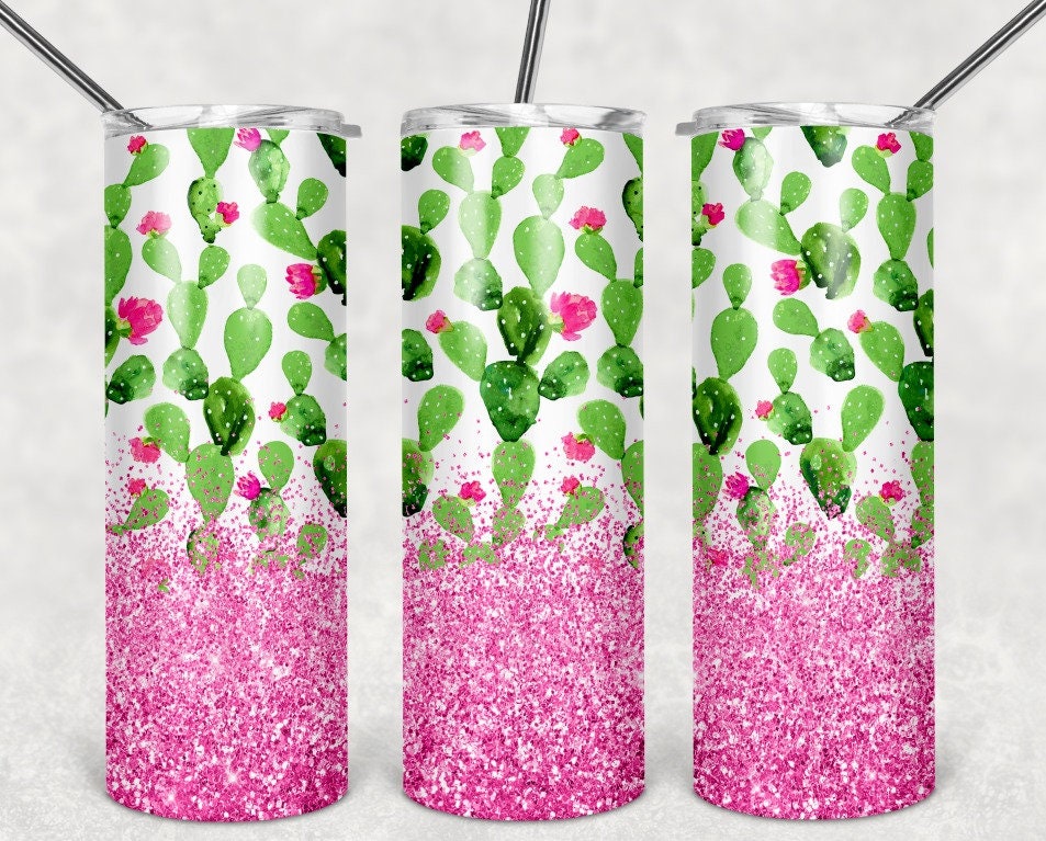 Cactus Pink Glitter 20 oz travel tumbler, hot/cold travel mug, Cactus lover travel tumbler