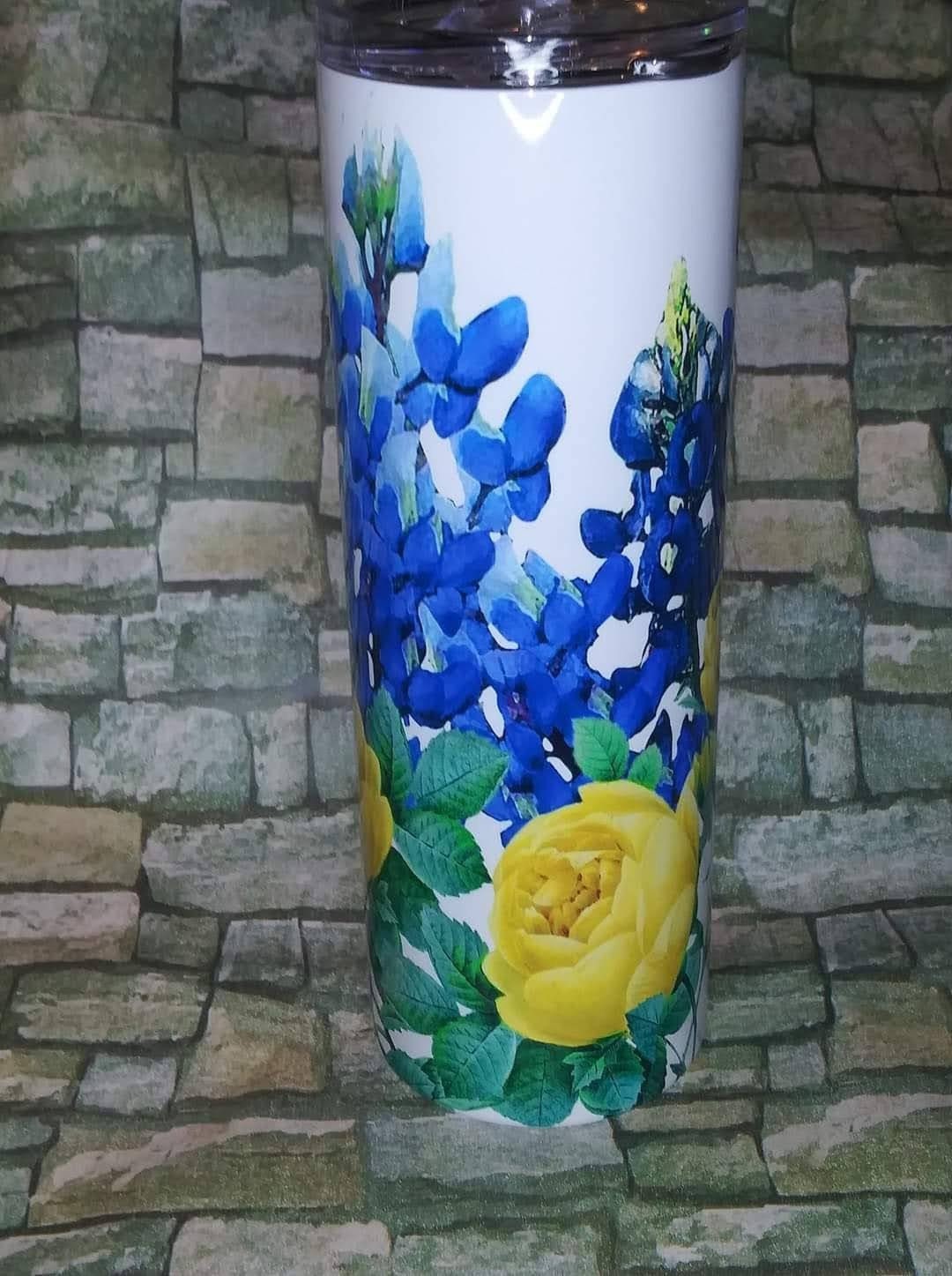Bluebonnets and Yellow Roses, 20 oz tumbler, glitter tumblers,Texas, Texas Lovers, custom tumblers, personalized tumblers, Blue bonnets