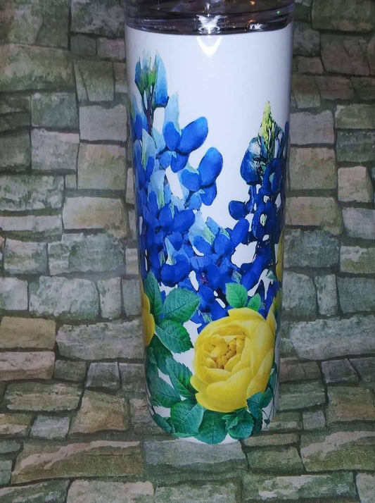 Bluebonnets and Yellow Roses, 20 oz tumbler, glitter tumblers,Texas, Texas Lovers, custom tumblers, personalized tumblers, Blue bonnets