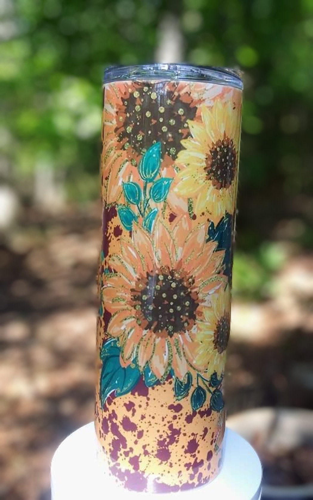 Sunflowers splattered paint/20oz tumbler/Texas made/custom tumbler/personalized tumbler/Sunflower lover travel tumbler/coffee travel tumbler