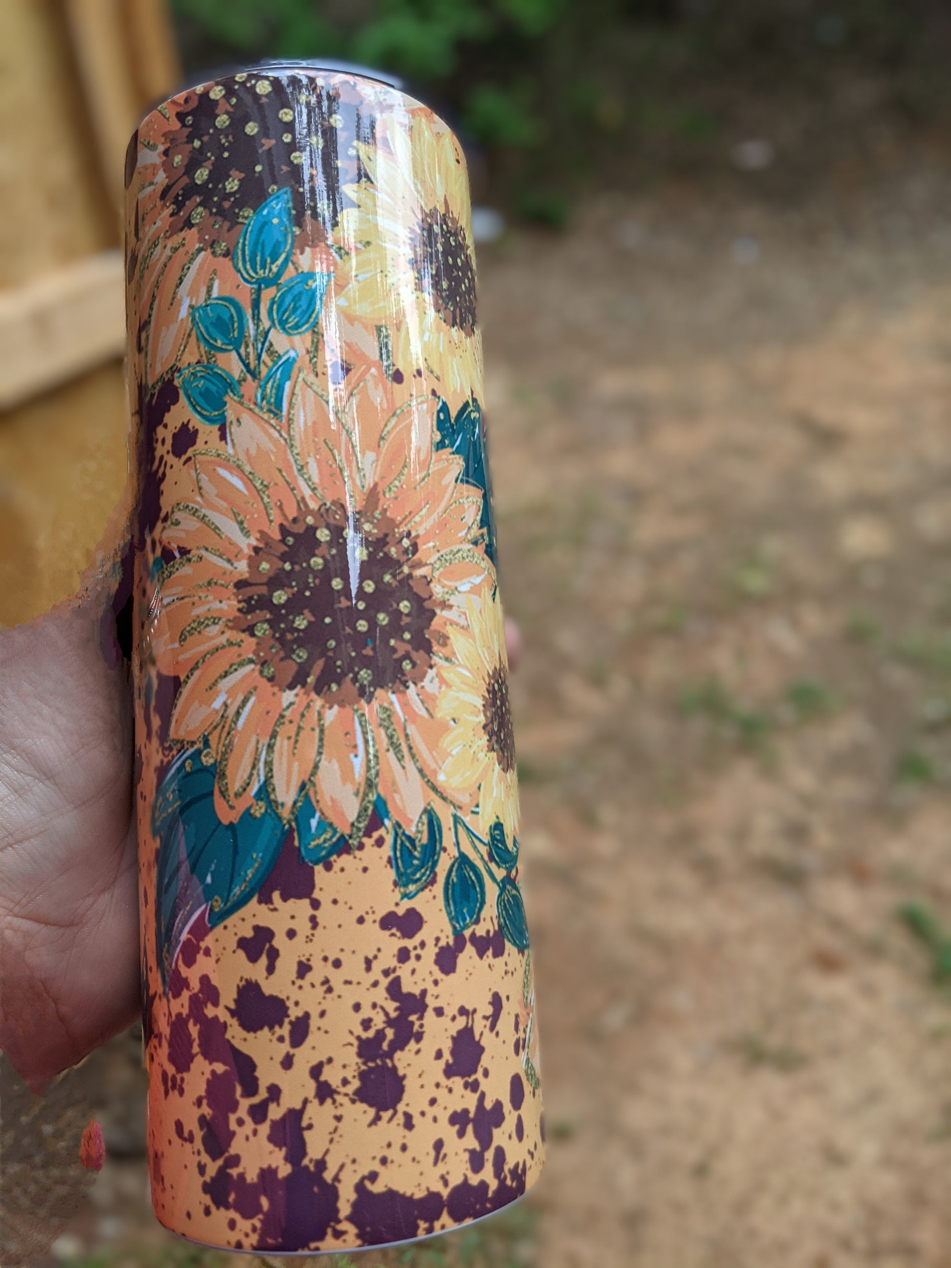 Sunflowers splattered paint/20oz tumbler/Texas made/custom tumbler/personalized tumbler/Sunflower lover travel tumbler/coffee travel tumbler
