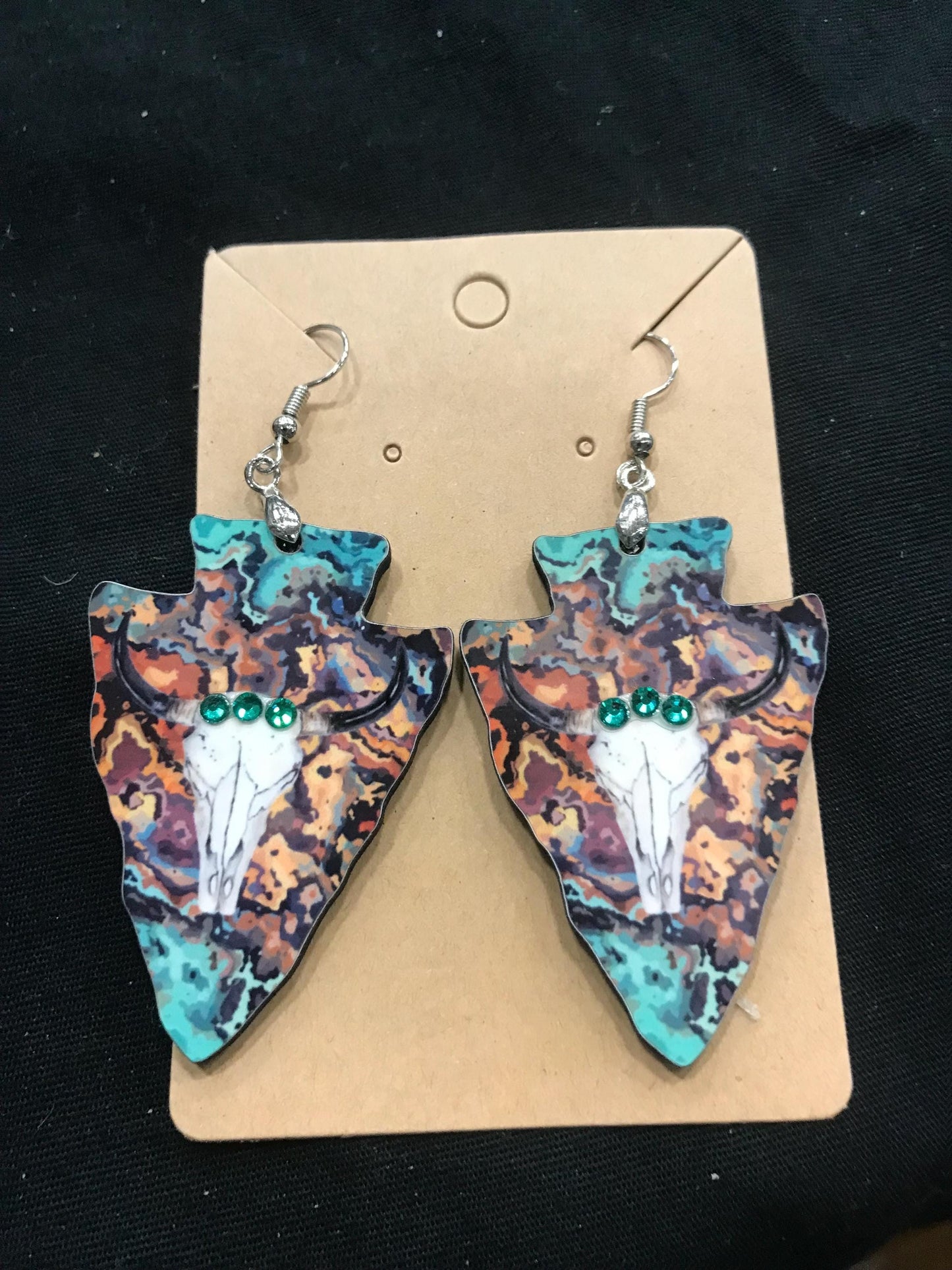 Western Arrowhead Dangle Earrings – Lightweight MDF Wood, Cow Head Design, Turquoise Background, Gemstone Accents, Handmade