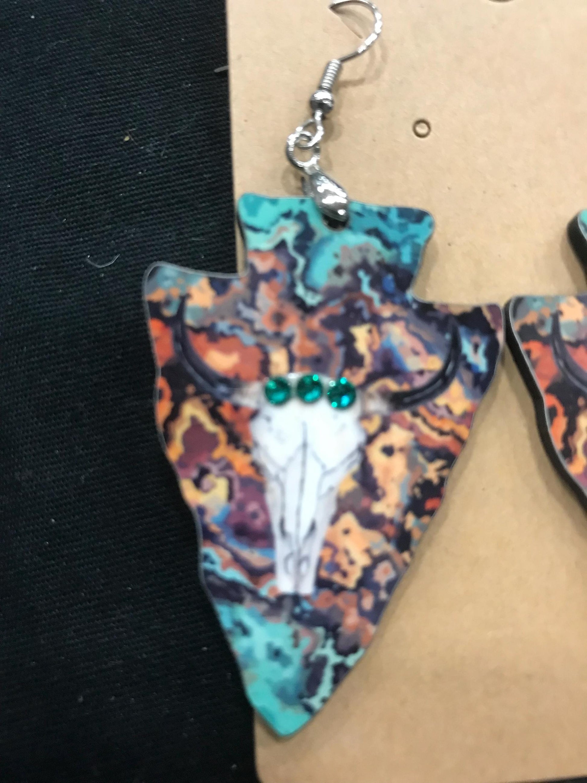 Western Arrowhead Dangle Earrings – Lightweight MDF Wood, Cow Head Design, Turquoise Background, Gemstone Accents, Handmade