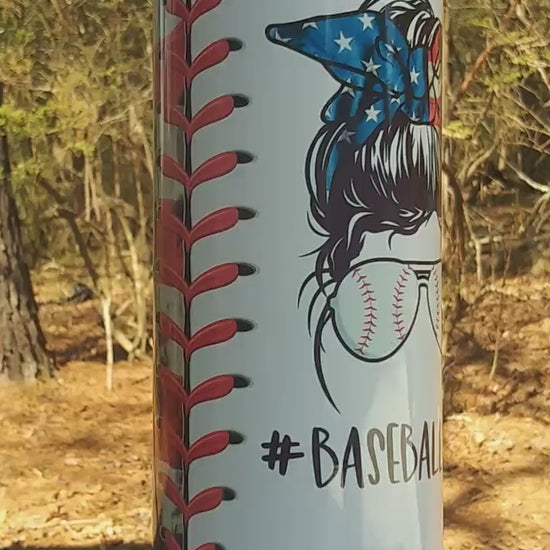 Personalized Baseball Mom 20oz Tumbler: Messy Bun Design