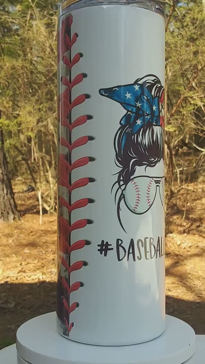 Personalized Baseball Mom 20oz Tumbler: Messy Bun Design