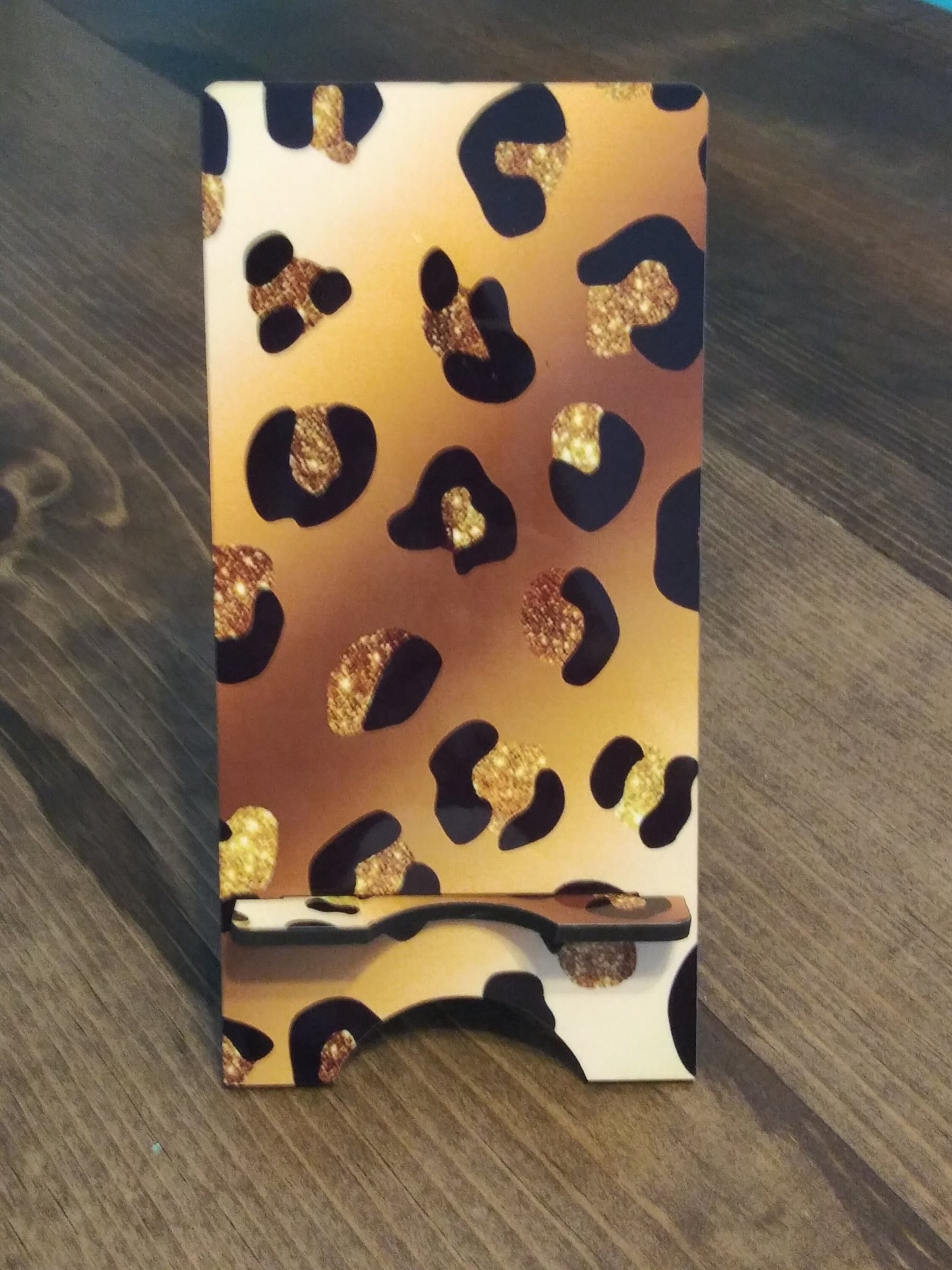 Gold Leopard Cell Phone Stand/ Custom Phone Stand/cell phone holder for desk, nightstands, counter tops/gift for teachers, mothers, friends