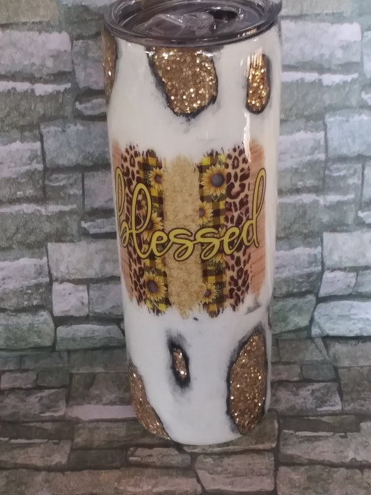 Distressed Geode Glitter Tumbler/Blessed/yellow/sunflowers/20oz straight/Custom Gift/Gift for Christmas/Gift for her/Personalization/Epoxy