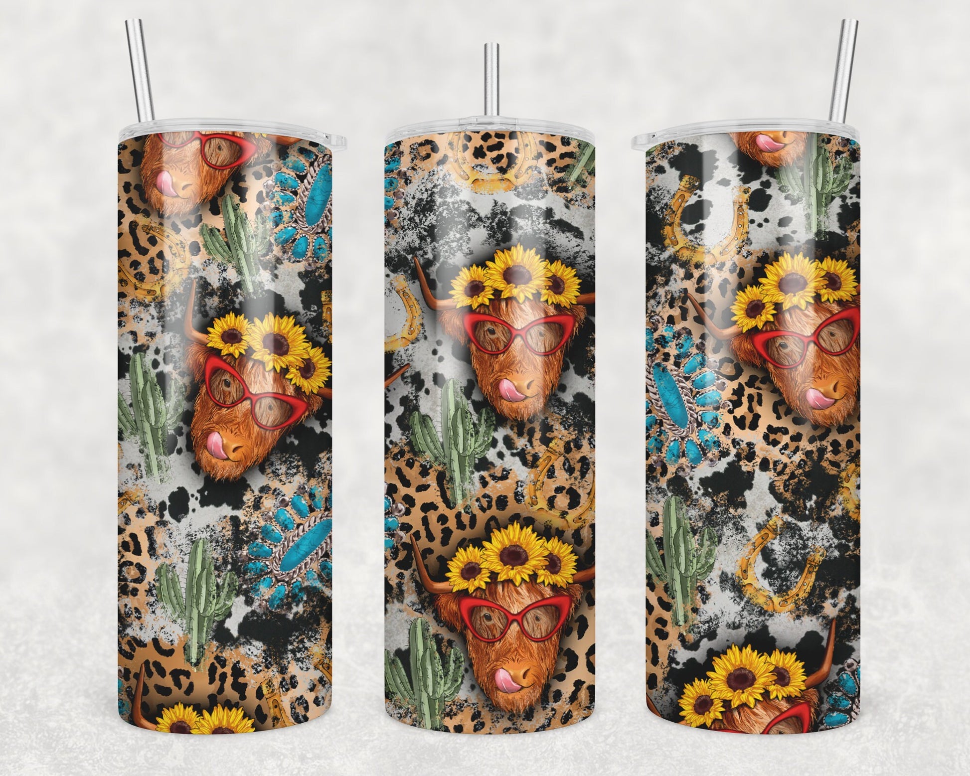 Highland cow collage/sunflower/turquoise/turquoise gems/cow lovers/cactus lovers/leopard/20oz tumbler/travel mug/western lovers cup